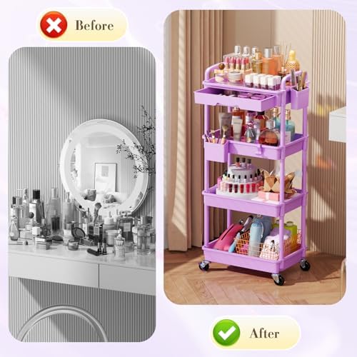 SUNALLY Makeup Cart Organizer with Drawer,4 Tier Rolling Makeup Cart,Purple