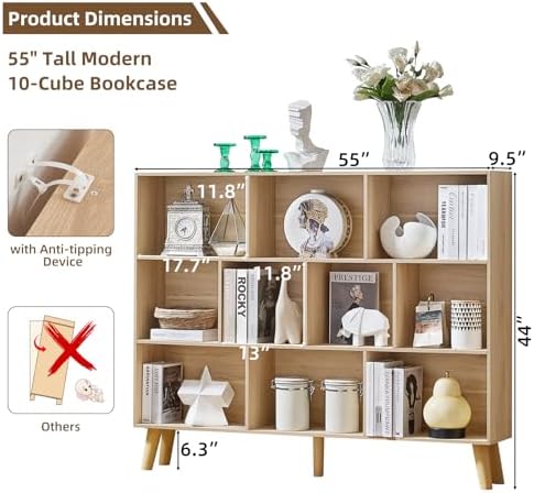 LEYAOYAO 10 Cube Bookshelf,Mid-Century Modern Bookcase with Legs,Light Wood