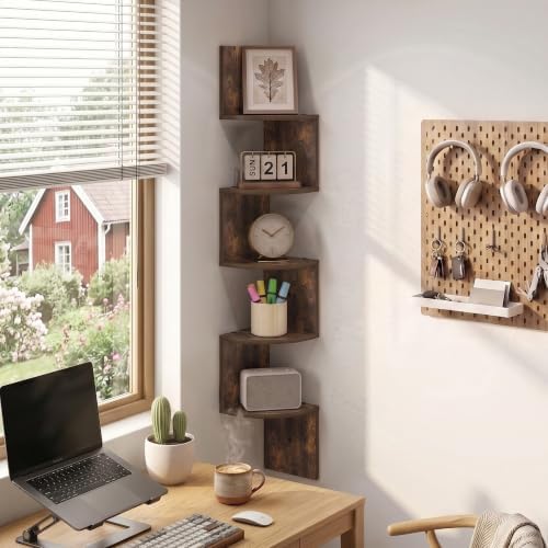 Furinno Rossi 5-Tier Corner Floating Book Shelves for Wall, Amber Pine