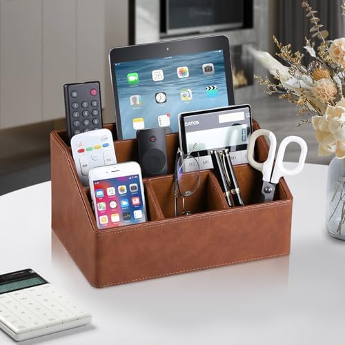 PU Leather Desk Organizer, Remote Control Holder, Brown