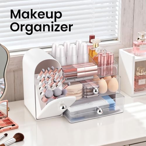 Makeup Organizer Countertop with Makeup Brush Holder,White