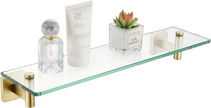 KOKOSIRI Wall Shelves Floating Shelf 20-Inch Stainless Steel Bathroom Hardware Tempered Glass Kitchen Hanging for Storage/Room Decor Gold B1105BG-L20