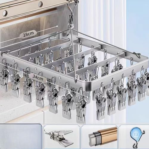 Pants Hanger Clothes Drying Racks Clip Hangers Metal with 36 Clips Windproof Hook Underwear Hanger Foldable Laundry Clip for Socks Bras (Silver)