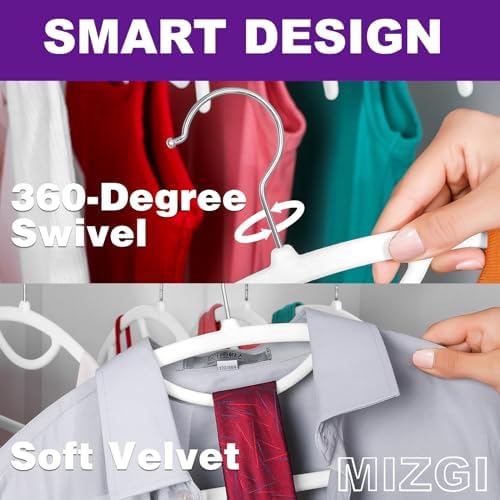 MIZGI Premium Velvet Hangers 50-Pack,No Shoulder Bump Hangers W/Tie Bar Ultra Thin Space Saving Non Slip Hanger Heavy Duty Felt Rounded Clothes Hanger for Sweaters,Coat,Jackets,Pants,Shirts