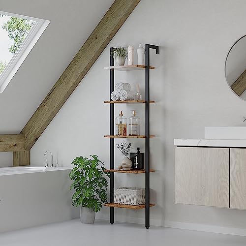 YMYNY 5 Tiers Ladder Bookcase, Industrial Wall Mounted Bookshelf, Open Display Rack with Metal Frame, Wooden Storage She