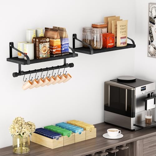 Love-KANKEI 17.3"Floating Wall Shelves Set of 2,Solid Wood,Coffee Bar,Black