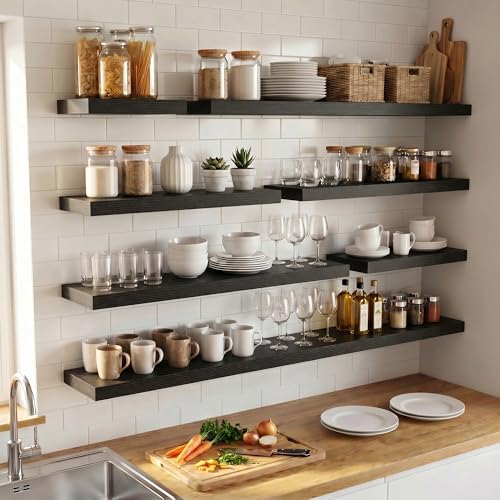 32 Inch Floating Shelves for Wall, 6.5"D Wood Storage Shelves, Black Finish