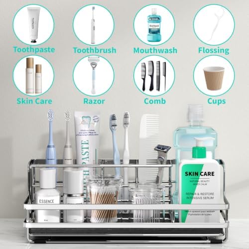 HapiRm Toothbrush Holders for Bathroom - 5 Partitions Bathroom Counter Organizer with Instant Drying Stone, Stainless St