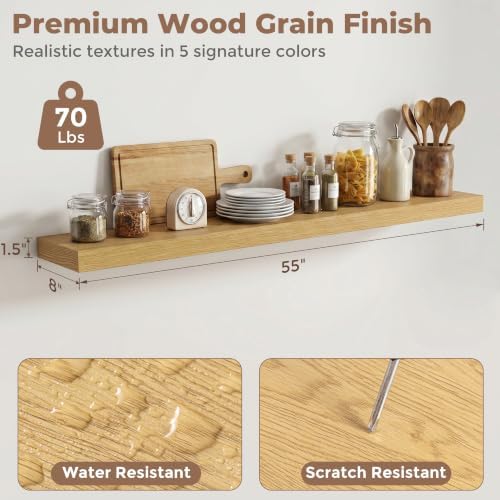 8 inch Deep Floating Shelves for Wall, 55" Wide, Oak Finish, 2-Pack