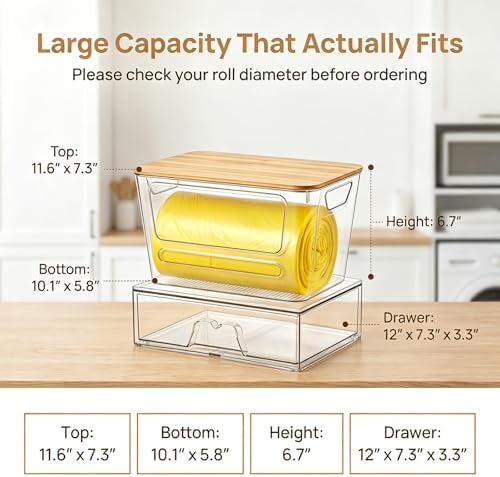 Trash Bag Dispenser Under Sink Organizer, Plastic Garbage Bag Holder with Bamboo Lid, Stackable Container for Dishwasher
