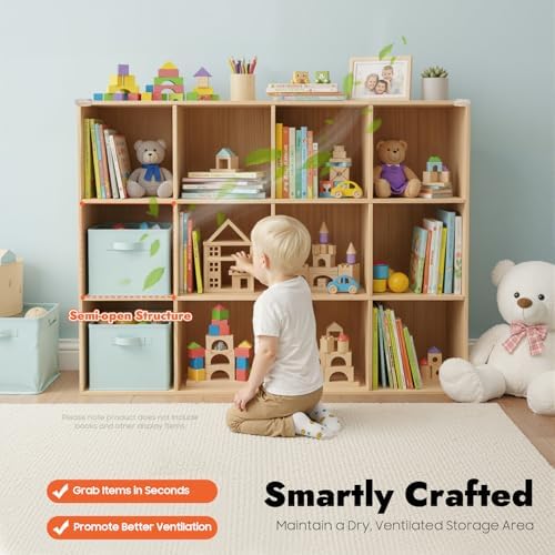 12-Cube Solid Wood Bookshelf, 3-Tier Storage Organizer Semi-Open Floor Display Shelf Closet Cabinet for Home Office Libr