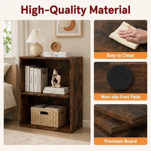 POWERSTONE 2 Tier Bookshelf, Cube Open Bookcase, 2PCS Rustic Brown