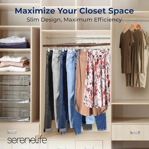 SereneLife Wooden Pants Hangers, 30-Pack Hangers with Adjustable Clips and Anti-Rust Swivel Hook, Space-Saving Pant Organizer for Closet, Ideal for Jeans, Slacks, Shorts, Trousers, Skirts (Retro)