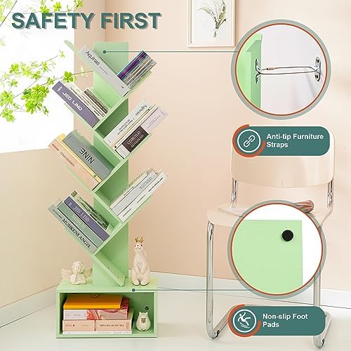 Yoobure Tree Bookshelf - 6 Shelf Retro Floor Standing Bookcase, Tall Wood Book Storage Rack for CDs/Movies, Utility Book