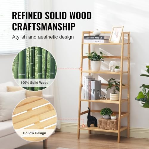 VEVOR 4-Tier Bamboo Ladder Shelf, Trapezoid Open Bookcase, Display Storage Rack Organizer, Freestanding Flower Plant Sta
