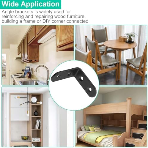 60Pcs Black Corner Bracket, 2”x2” Heavy Duty Black Corner Brace, 3MM Thickness Metal Angle Brackets for Wood, 90 Degree 