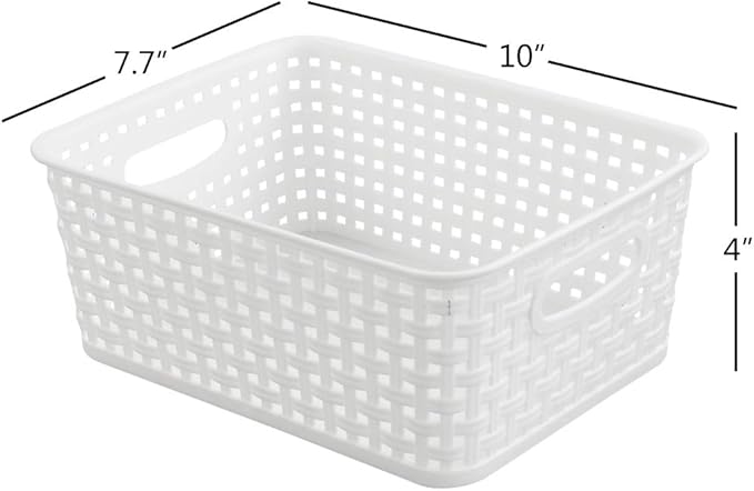 4-Pack Small Storage Baskets, Woven Plastic Basket, White | 10" x 7.7" x 4", Home Organization, Space - Saving Storage, Stylish Design, Organizer Baskets for Cabinet, Closet, Office