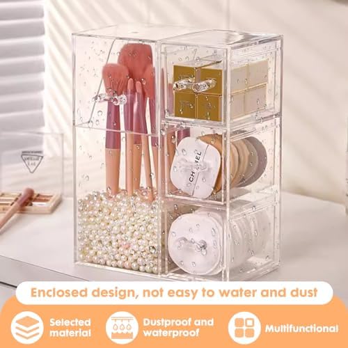 ShellKingdom Makeup Brush Holder,Clear Cosmetic Brushes Organizer With Drawer for Storage Brushes with Lid and Pearl for