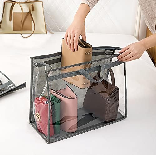 Handbag Dust Bags Clear Purse Storage Organizer for Closet Small to Extra Large Handbags Dust Free Bags Hanging Zipper Storage Bag with Hooks, ( Grey, 4 Sizes-8PCS)