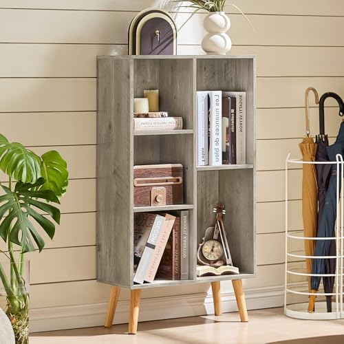 LEYAOYAO 5 Cube Bookshelf, Mid-Century Modern Book Shelf with Legs, Grey