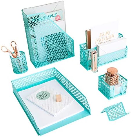BLU MONACO Aqua - Teal 6 Piece Cute Desk Organizer Set - Desk Organizers and Accessories for Women - Cute Office Desk Accessories - Desktop Organization