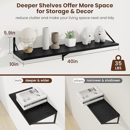 Axeman Deep Floating Shelves, 40'' x 10'' Black Wall Shelves Set of 2