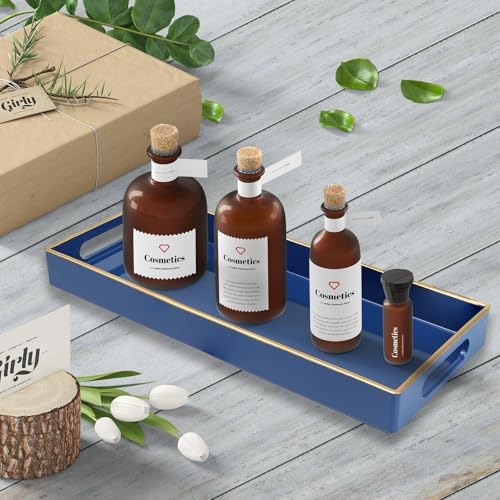 Blue Bathroom Vanity Tray for Countertop, Small Plastic Toilet Tank Versatile Storage & Organization Tray for Makeup, Pe