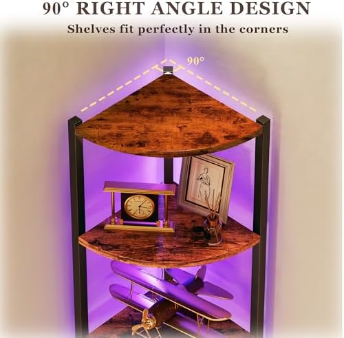 Corner Shelf with LED Lights, 6-Tier Corner Bookshelf, 66'' Organizer Book Shelf Shelves Steel Frame Display Stand with 