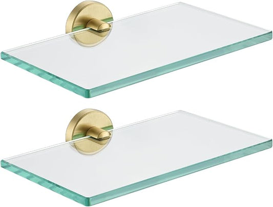 JQK Bathroom Glass Shelf Gold, Tempered Glass Shower Storage 8 by 5 inches, 304 Stainless Steel Brushed Gold Wall Mount 2 Pack, TGS101L8-BG-P2