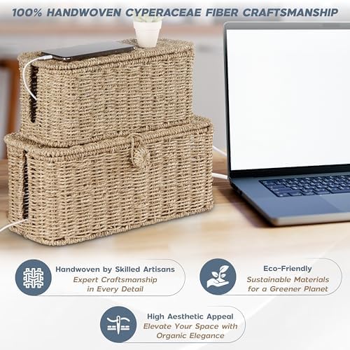 Bluewest 2-Pack Cable Management Box with Lids, Rattan Cord Organizer