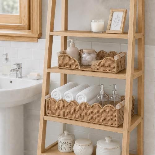 2 Pack Scalloped Paper Rope Toilet Paper Baskets with Wood Handles