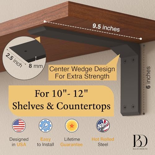Countertop Brackets 10 –12 Inch Heavy Duty L Bracket – 9.5"x2.5"x6" (5/16" Thick / 8mm) Black Mantel Brackets & Corbels 