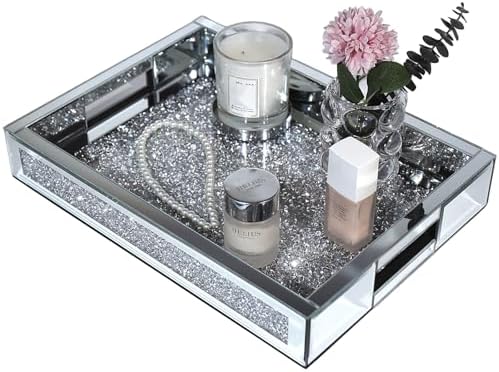 Large Vanity Tray for Perfume Organizer, 15x11 Inch Silver Mirror Tray with Handles, Crushed Diamond Tray for Bathroom C