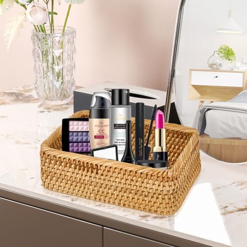 Natural Rectangular Rattan Storage Baskets (Set of 3), Hand Woven Food and Fruit Serving Baskets, Wicker Organizer for L