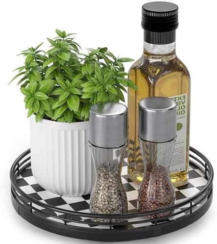 AMH 9-Inch Black and White Checkerboard Lazy Susan with Oak Base