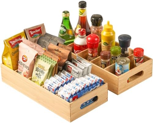 Umilife Large Bamboo Pantry Organizers and Storage Bins with Removable Dividers, Kitchen Drawer Cabinet Countertop Organ