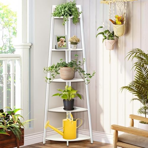 71 inch Tall Corner Shelf, 5 Tier Corner Bookshelf, White