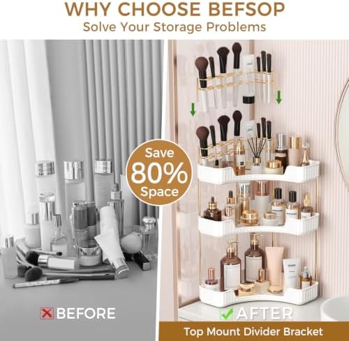 BEFSOP Corner Bathroom Counter Organizer, Upgraded 3-Tier Makeup Organizer Countertop with Makeup Brush Holder, Skincare