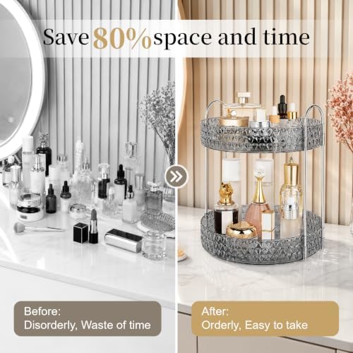Large Capacity Rotating Makeup Organizer Perfume Stand Holder, 2 Tier Gray