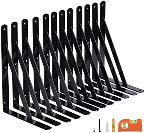 NEODROP 12-Pack 8 Inch Heavy Duty Shelf Brackets, Large Wall Bracket for Floating Shelves, Black Powder-Coated Steel,