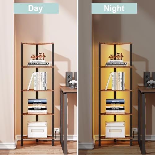 TUTOTAK Corner Shelf with LED Light, 5-Tier Corner Bookshelf
