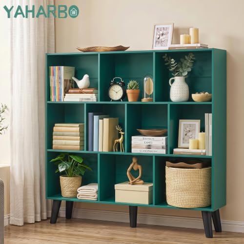 YAHARBO 10 Cube Bookshelf,3 Tier Bookcase with Legs,Dark Green Mid-Century Modern Bookshelves,Large Free Standing Open S