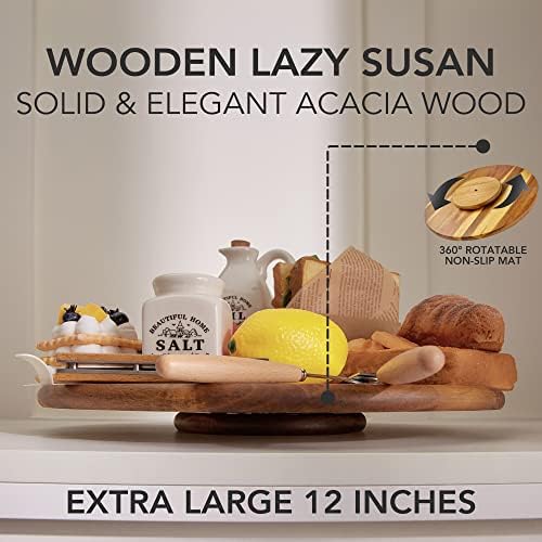 Acacia Wood Lazy Susan Wood Turntable Tray Cabinet Organizer, 12"