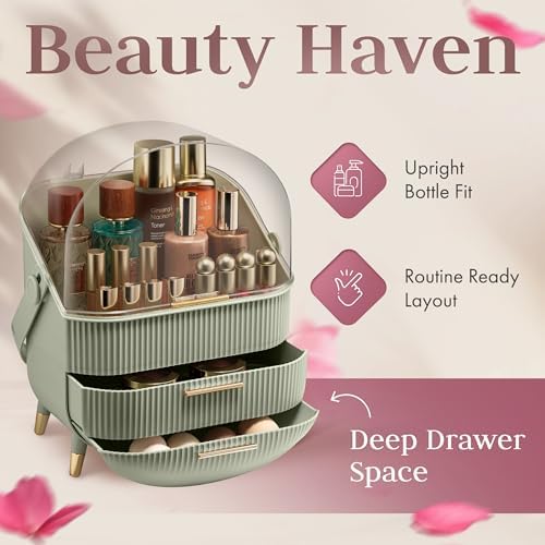 Covered Makeup Cosmetic Countertop - Large Cosmetic Organizer - Trendy Oval Shape Storage for Skin Care Organizer - Clea