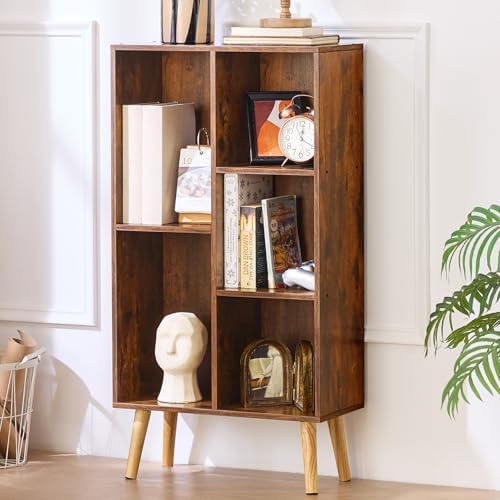 LEYAOYAO 5 Cube Bookshelf, Mid-Century Modern Book Shelf with Legs, Brown
