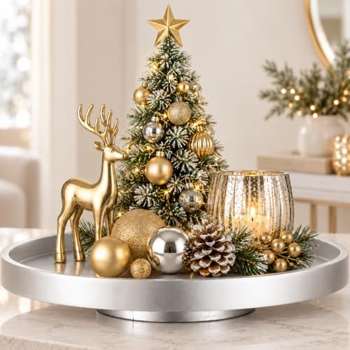 Hanobe Decorative Silver Lazy Susan Table Centerpieces Tray,12"