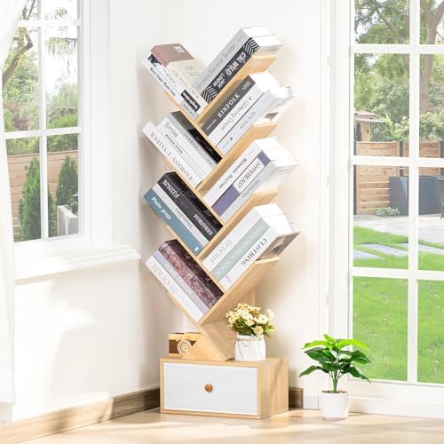 SHEEPAM 8-Tier Tree Bookshelf Floor Standing Storage Bookcase with Drawer