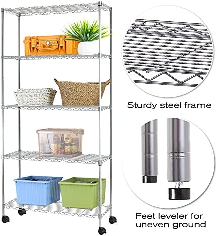 HCY 5-Tier Shelving Unit Storage Shelves with Wheels Heavy Duty Metal Storage Rack NSF Height Adjustable for Laundry Bat
