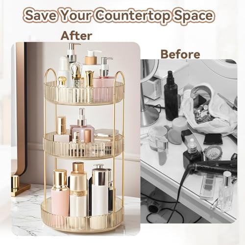 360° Rotating Makeup Organizer for Vanity, 3 Tier Perfume Organizers, Gold
