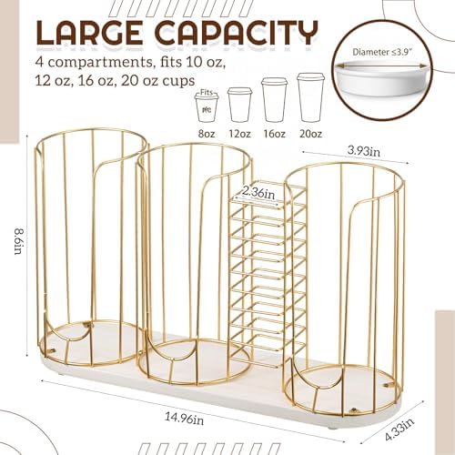 Geelin 18oz Adjustable Coffee Cup Dispenser with Wooden Base, Cup and Lid Holder, Cups Holder Organizer for Coffee Pod S